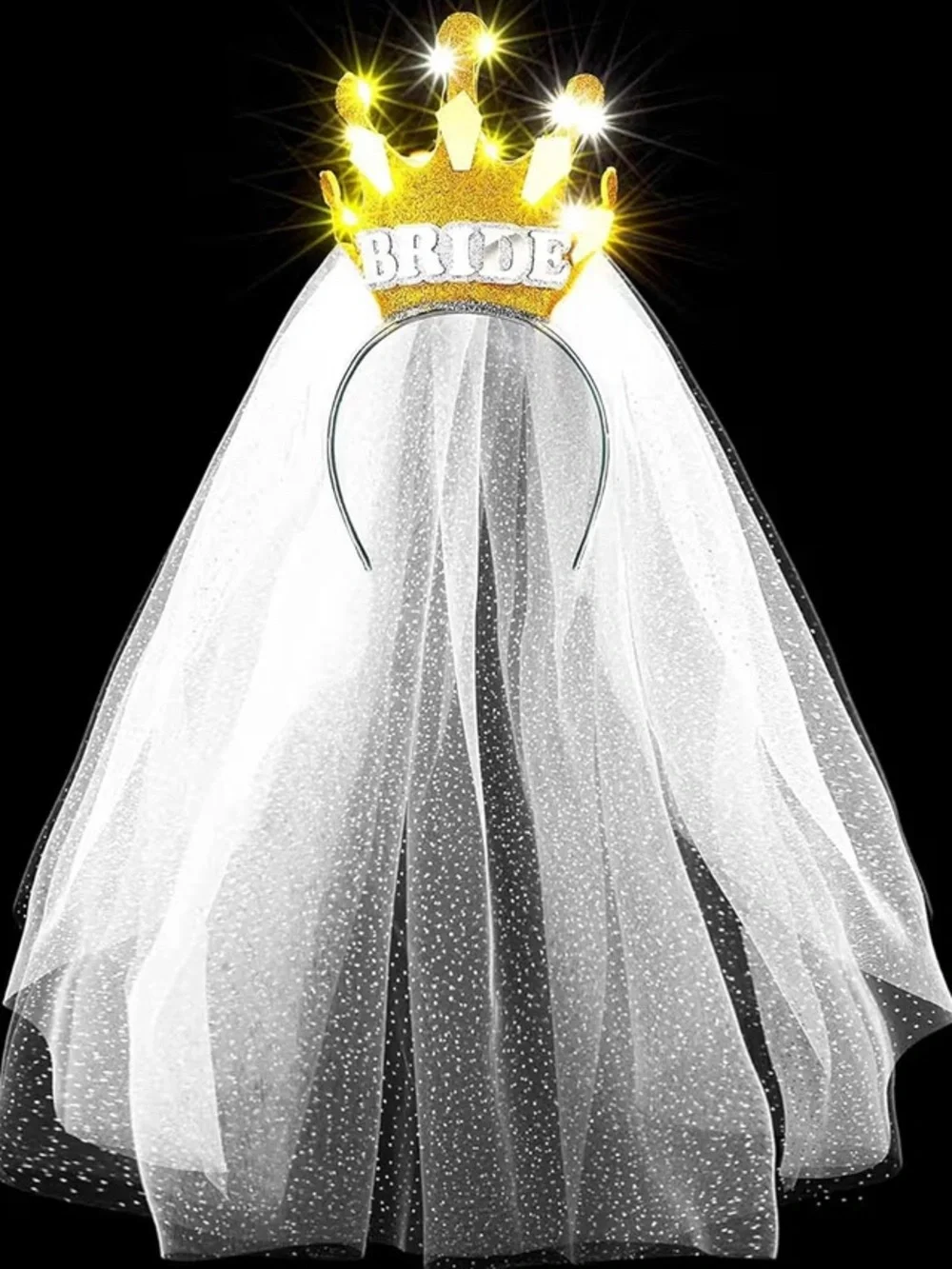 Bride LED Crown Headband in Gold with White Veil - Party Accessory